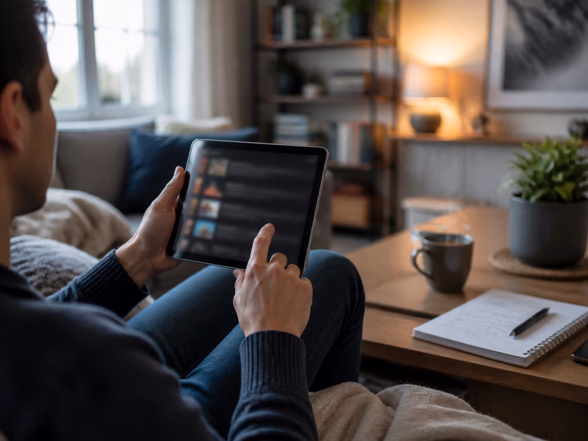 A user attentively checks adult onion links on a tablet in a cozy living room.