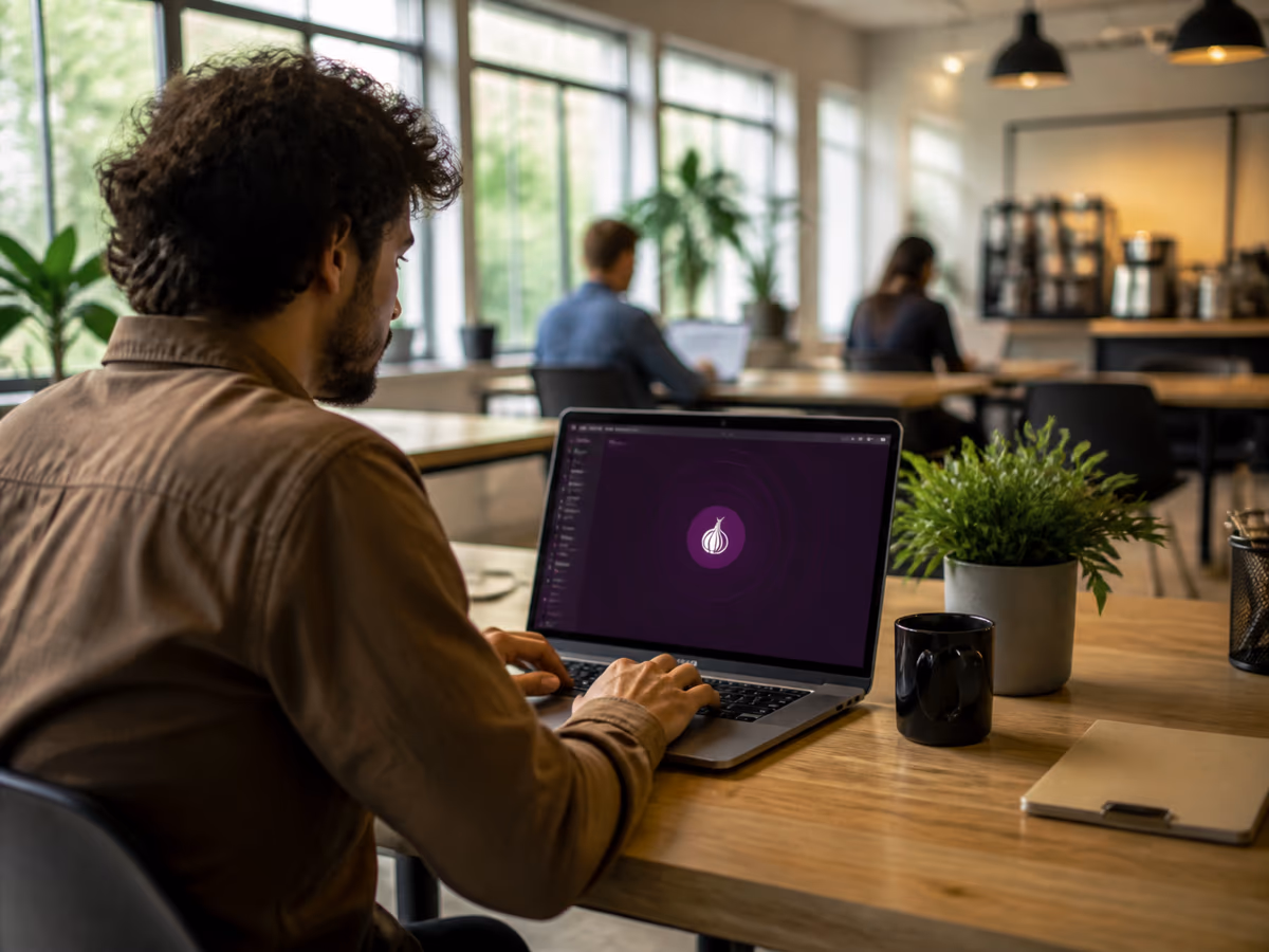 A user engaged with the Tor browser in a vibrant co-working environment.