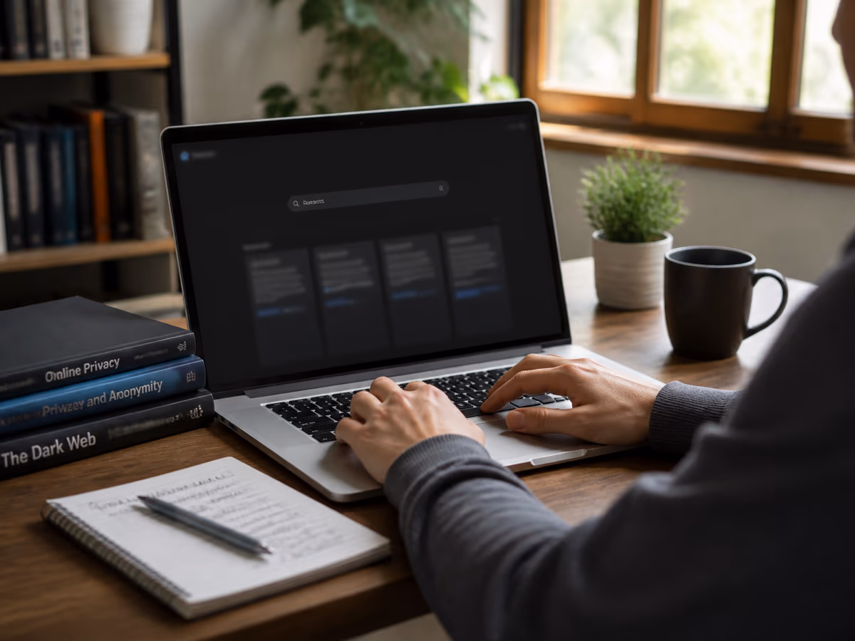 A user exploring a dark web search engine on their laptop in a bright room.