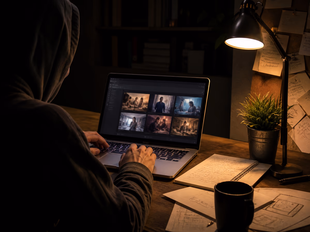 A user is exploring legitimate dark web video sites on their laptop in a dimly lit room.