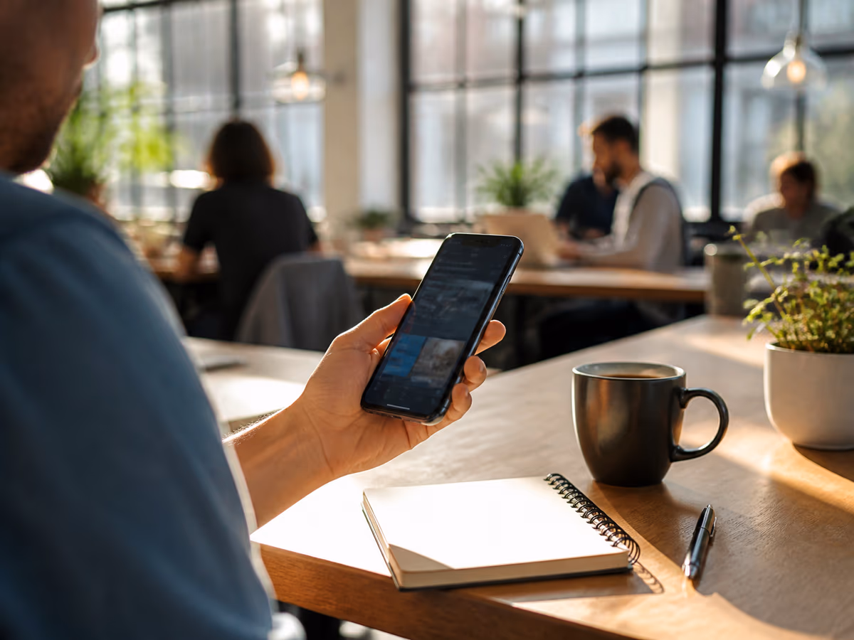 A user is focused on their smartphone, exploring deep web search engine results in a co-working space.