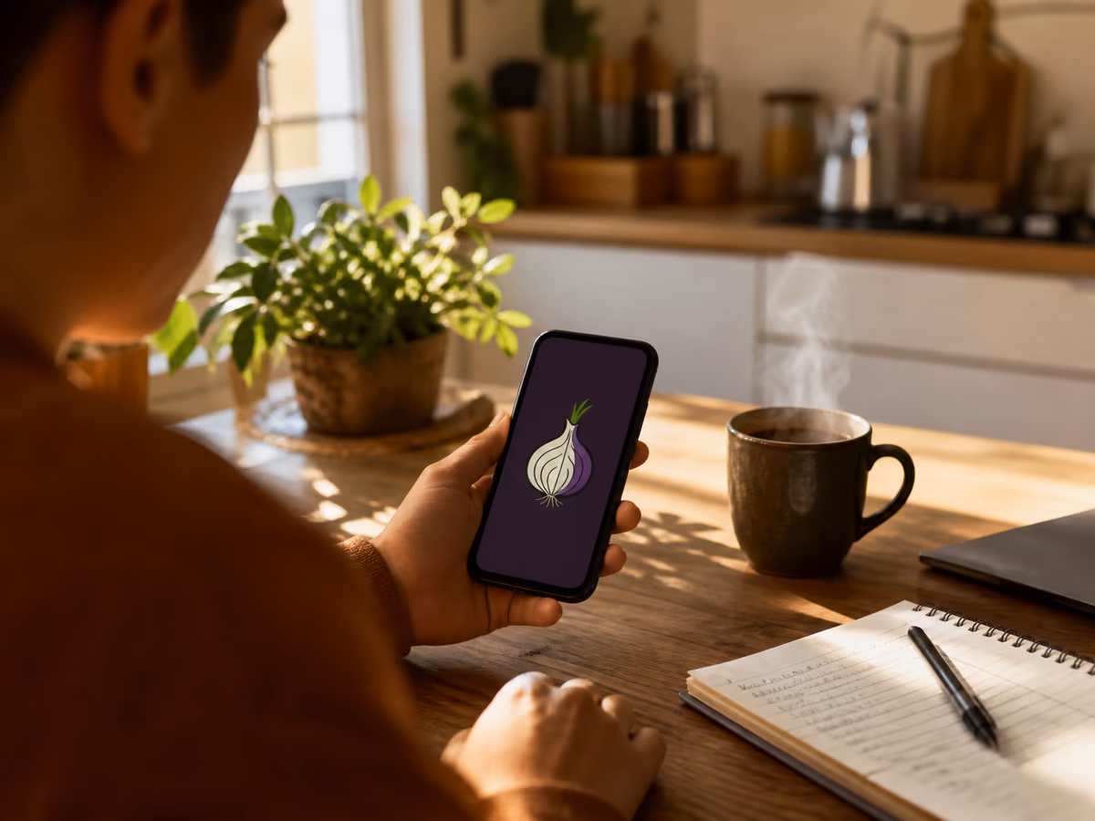 A user examines hidden onion sites on their smartphone at a kitchen table.