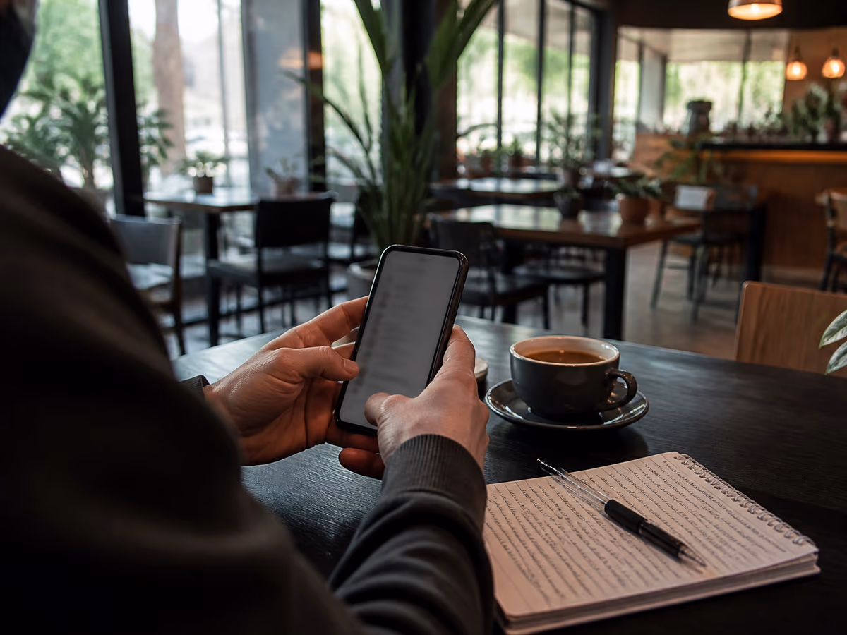 A person carefully reviewing dark web safety tips on their smartphone at a café.