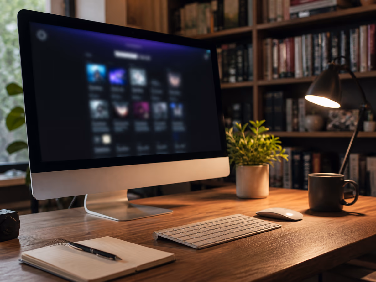 A workspace showcasing a desktop computer with an onion link directory open on the screen.
