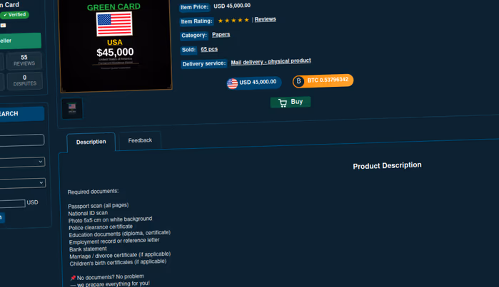 A listing shows a US green card priced at $45,000.