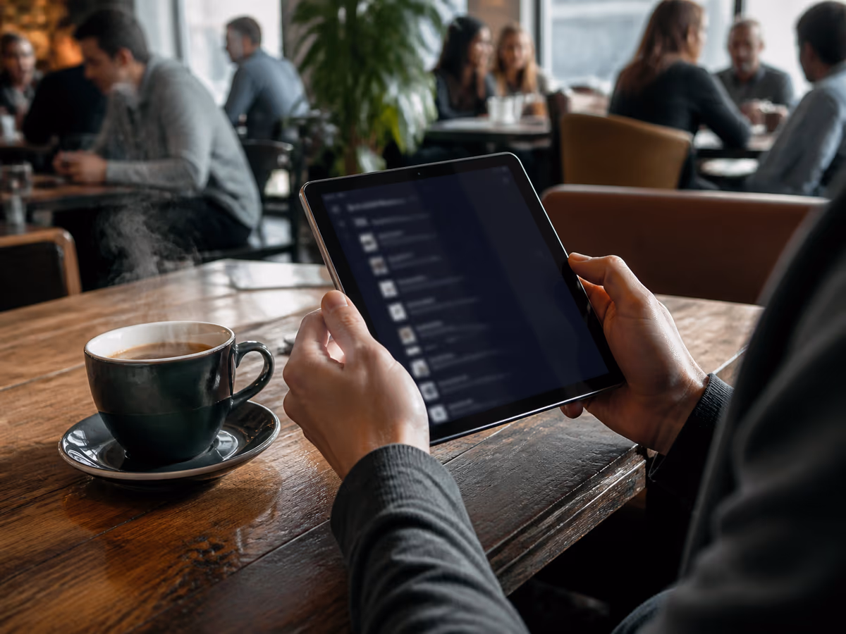 A user is exploring the Tor network on a tablet in a coffee shop setting.