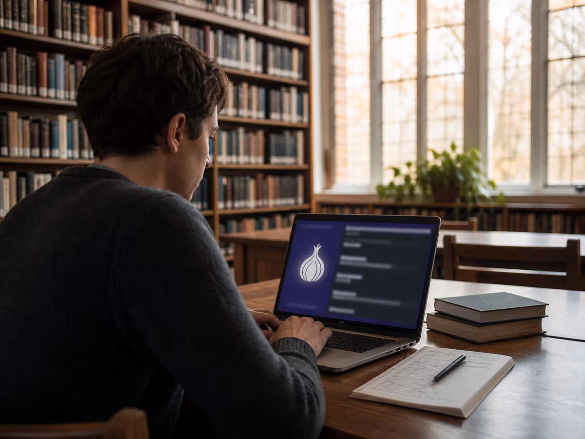 A person is engaged in searching for .onion sites on a laptop in a library.