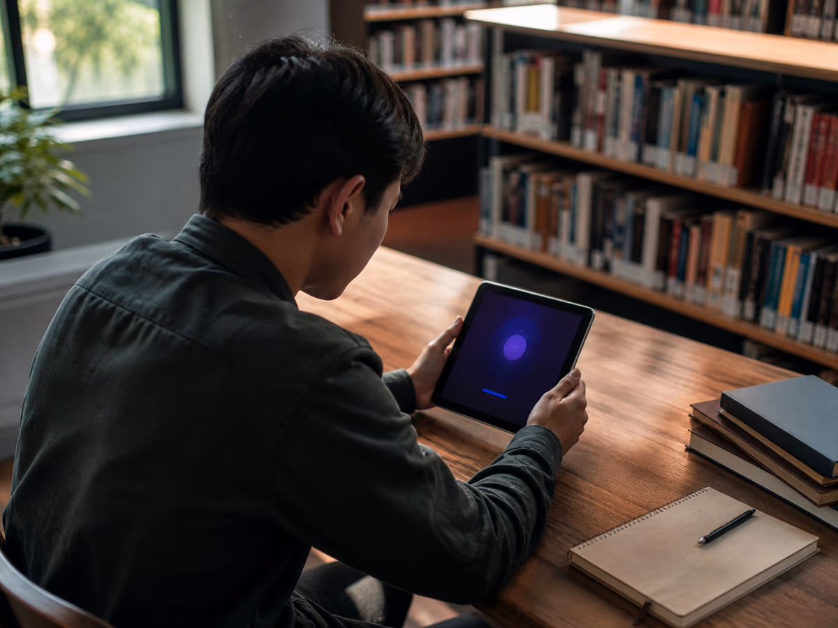 A user is deeply engaged in accessing a .onion link on a tablet in a library.