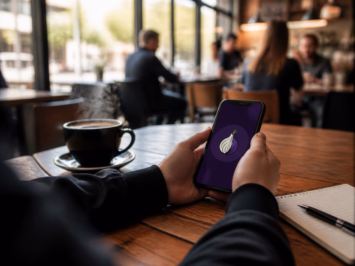 A person engaged in safe online research at a café.